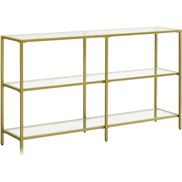 Hoppa! consoletafel. haltafel. 3 niveaus. bijzettafel. legplanken van gehard glas. 130 x 30 x 73 cm. metalen frame. goudkleurig