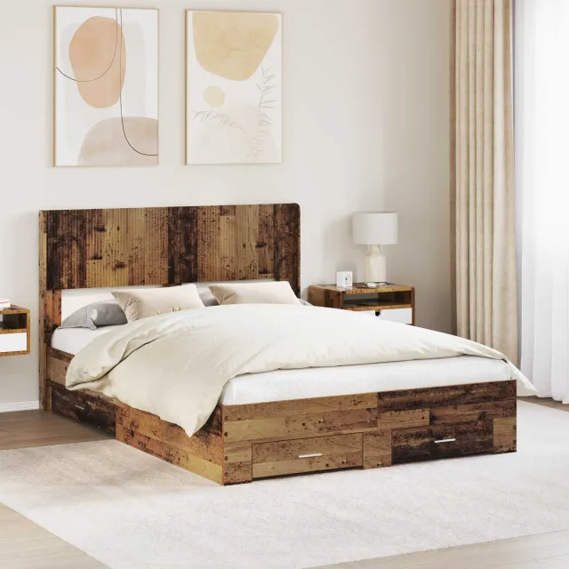 vidaXL Bedframe met opbergruimte en hoofdbord Oud hout 120 x 190 cm Bruin