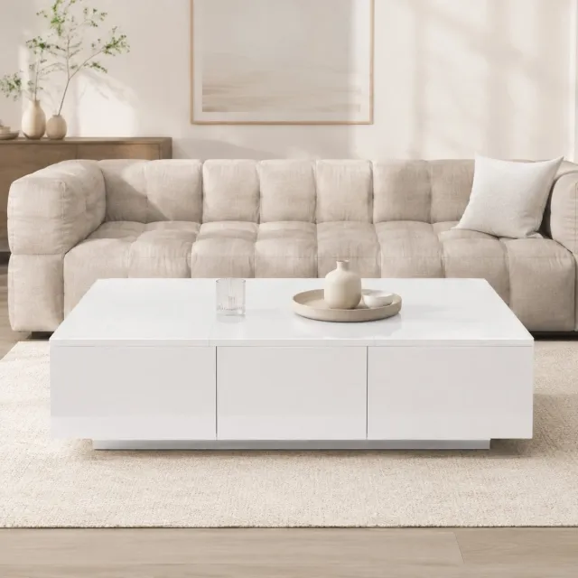 MEUNIQ Salontafel 100 x 50 x 31 cm met verborgen opbergruimte en 2 lades, rechthoekige hoogglans tafel voor woonkamer, wit