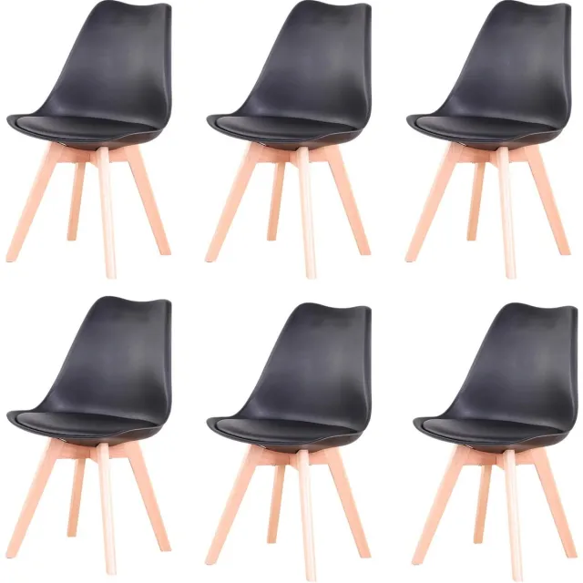 SteeFly® Luxe eetkamerstoelen - Set van 6 design stoelen - Ergonomisch design - Zwart met hout onderstel - Zithoogte: 43cm