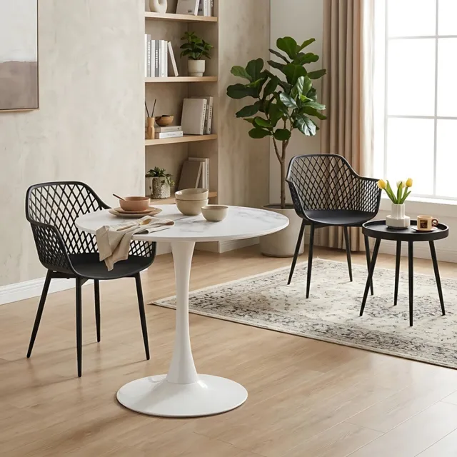 EGGREE Combinatieset: 3-delige tafel -en stoelenset + Ronde Marmerkleurige eettafel/keukentafel 80 x 80 x 73 cm - Salontafel bijzettafel - Geschikt voor 2 tot 4 personen - Tafelblad met gesplitst ontwerp zwart