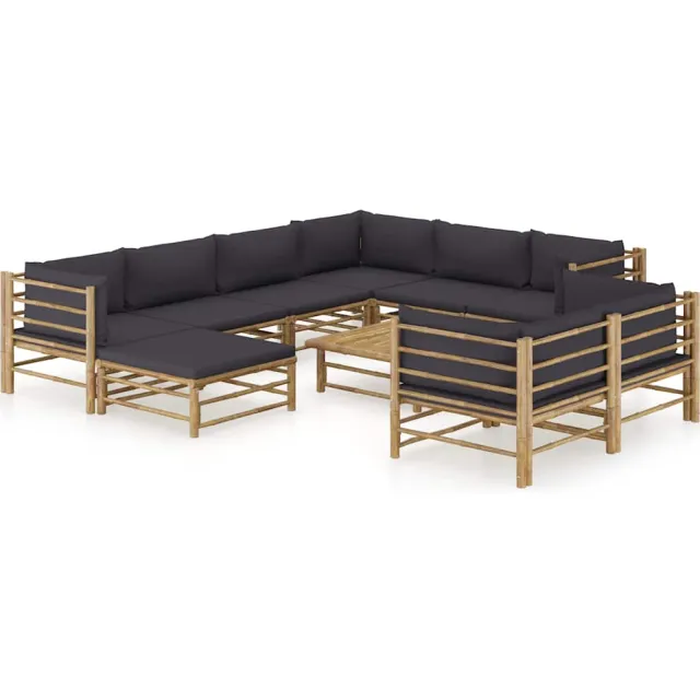 vidaXL 10-delige Loungeset met donkergrijze kussens bamboe Grijs