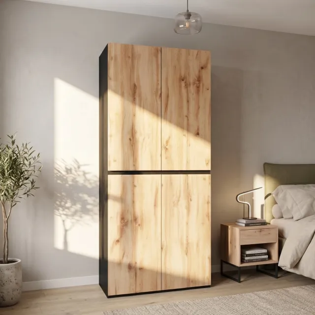 Wishdor Kledingkast met sieradenlade en 4 deuren - Kledingstang en 2 laden - Moderne houtlook - Slaapkamer hal kinderkamer kantoor - MDF - Eikenkleur met zwarte accenten - 90 x 50 x 200 cm Eikenlook en zwart