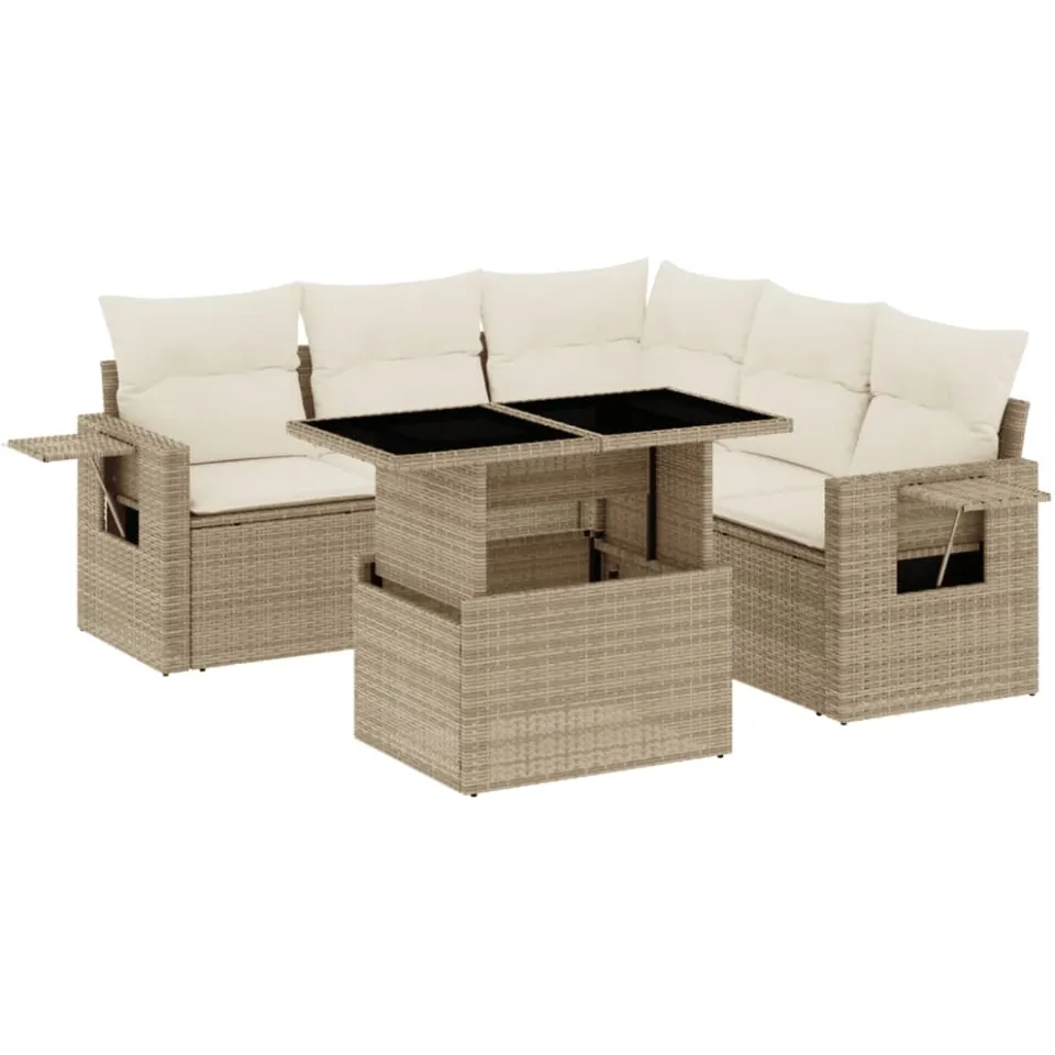 vidaXL 6-delige Loungeset met kussens poly rattan beige, foto 3