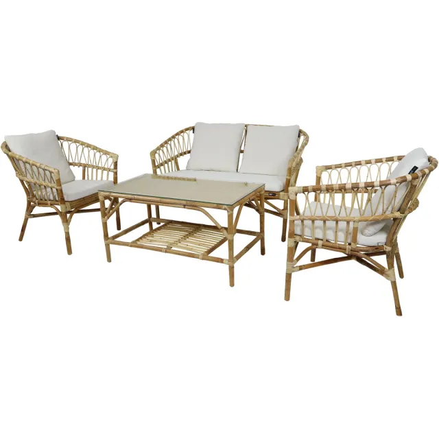 Axi Mary Rotan Stoel-bank loungeset 4-delig naturel/wit – 2 stoelen en bank met tafel – Tafel met glazen blad - Inclusief zit- en rugkussens - Rotan tuinmeubelset Creme