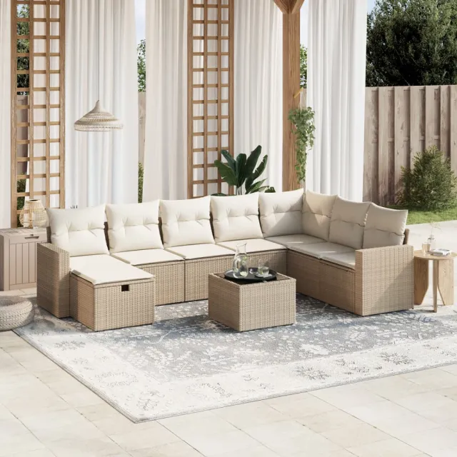 vidaXL 9-delige Loungeset met kussens poly rattan beige, foto 2