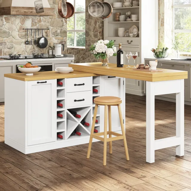 REDOM Eettafel met keukeneiland - 360° draaibaar en uitschuifbaar - Twee laden en wijnrek - MDF en metaal - Wit - 120-223 x 40 x 73,8 cm