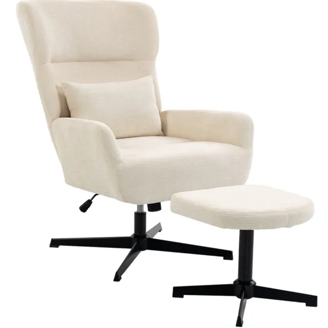 MIVRAY Fauteuil 71 x 88 x 104 cm - 360 Graden Draaibaar En Hoogteverstelbaar Met Hocker - Voor Woonkamer En Werkkamer - Chenille Crème