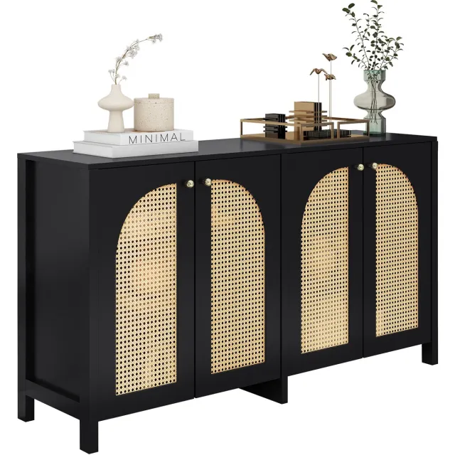MEUBLE COSY Sideboard Dressoir Opbergkast – met 4 Rattan Deuren 145 cm - Zwart