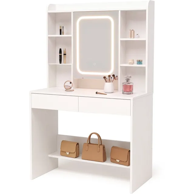 Infinity Goods Kaptafel met LED Spiegel - Make Up Tafel - Extra Veel Opbergruimte - Dimbaar - Wit