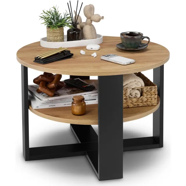 defiPad Ronde Salontafel - Salontafels - Groot Ø70 cm met plank, industrieel, loftstijl, Zwart + Eiken Craf Zwart + Eik Craft