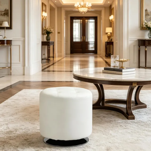 MEUNIQ Ronde draaibare voetenbank 360° – Ø 45,5 x H 44,5 cm – wit kunstleer met gewatteerde zitting en metalen voet – voor woonkamer en slaapkamer