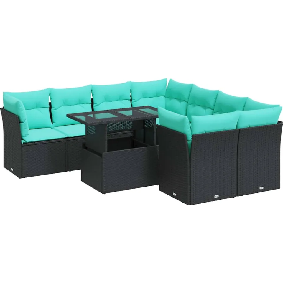 vidaXL 9-delige Loungeset met kussens poly rattan acacia zwart, foto 3