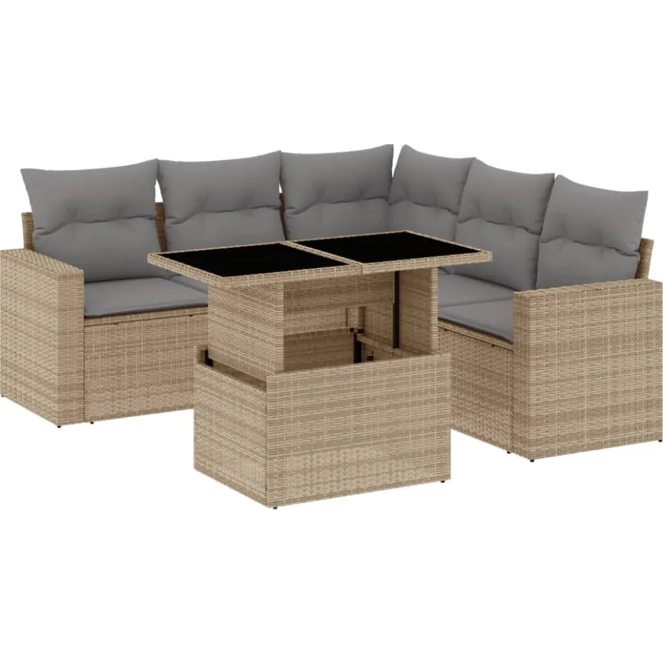 vidaXL 6-delige Loungeset met kussens poly rattan beige, foto 3