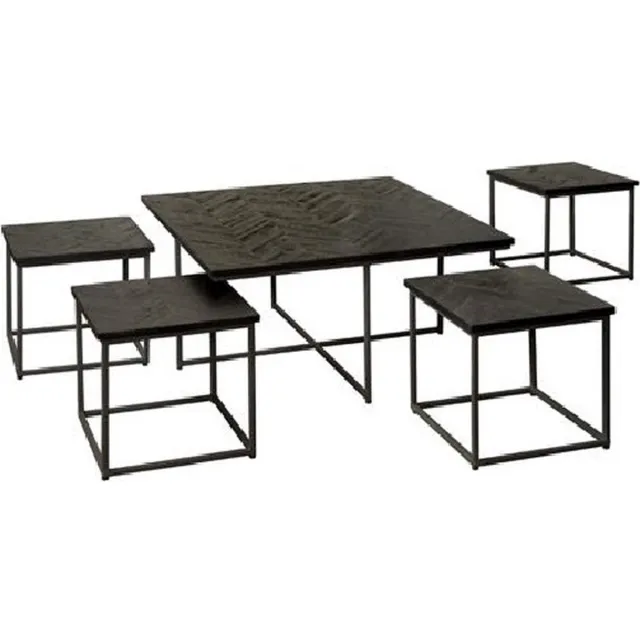 Renew Via coffeetable set (5) - 90x90x45 40x40x38 - recl. teak black Zwart