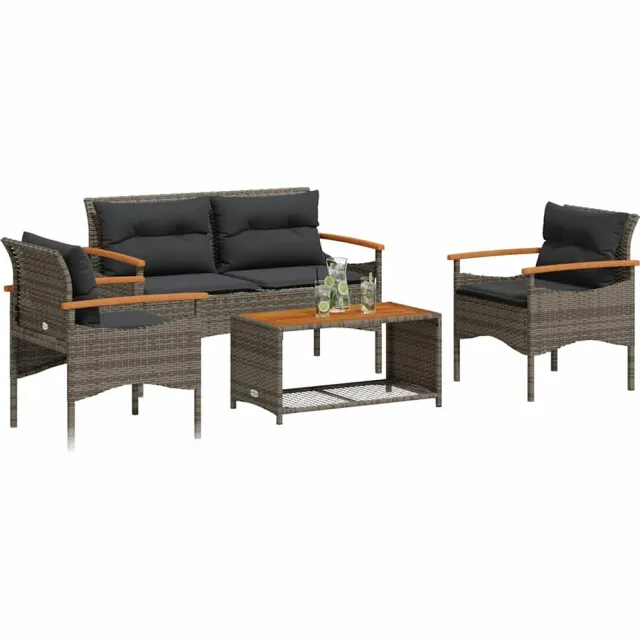 vidaXL 4-delige Loungeset met kussens poly rattan grijs, foto 2
