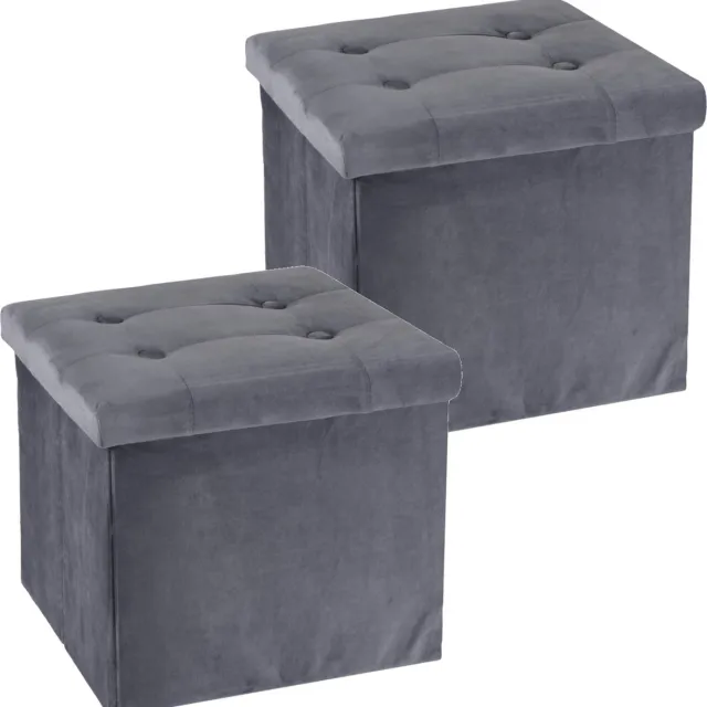 H&S Collection Poef/hocker/krukje - 2x - opbergbox - donkergrijs - fluweel polyester - 38 x 38 cm Dark grey