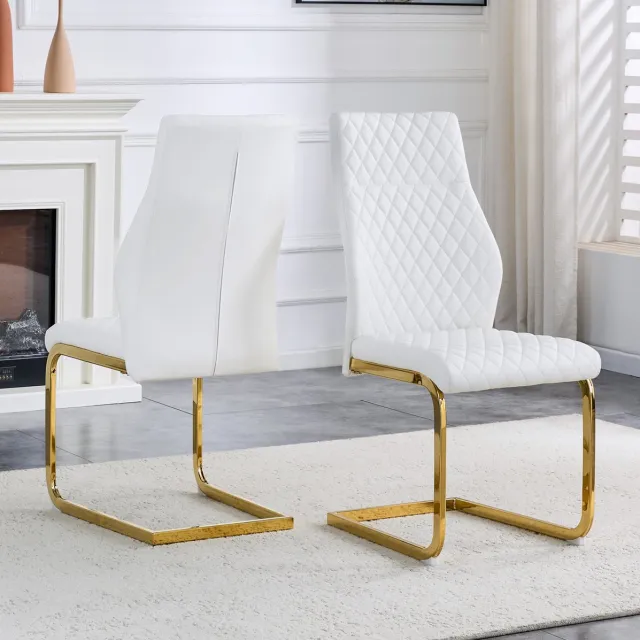 DESMIU Eetkamerstoel Set van 2 - Wit Ruitpatroon - Hoge Rugleuning En Comfortabele Zitting - Voor Eetkamer En Restaurant - Kunstleer - Wit Goud White