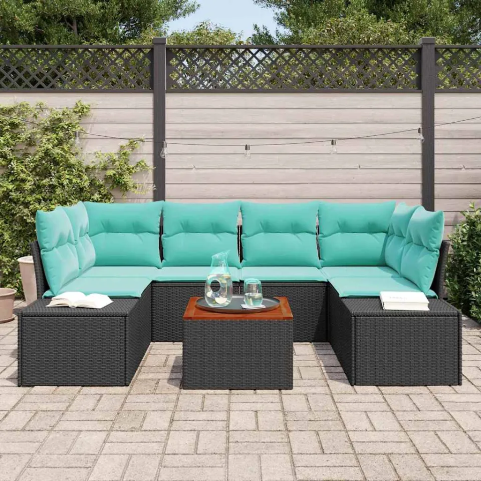 vidaXL Tuinbankenset 7 st Zwart en Turquoise poly rattan, foto 3