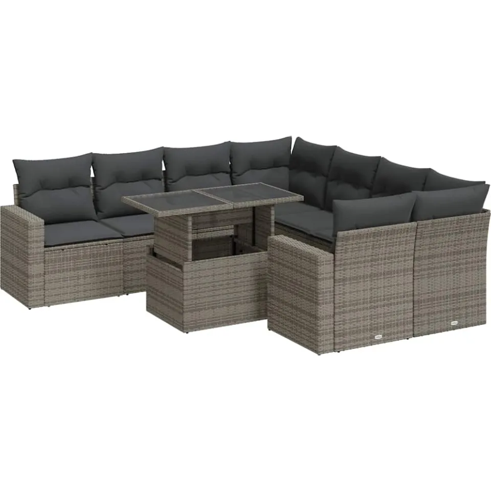 vidaXL 9-delige Loungeset met kussens poly rattan grijs, foto 3