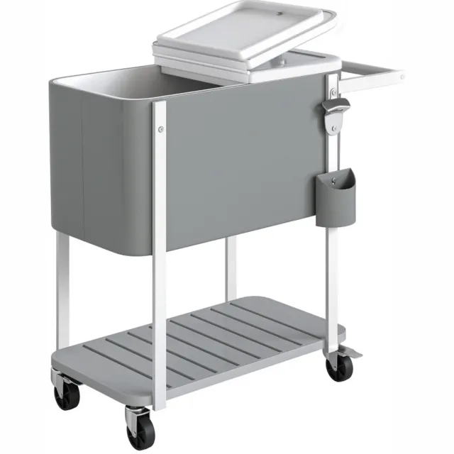 OKWISH Serveerwagen met Koelbox 56L - Mobiele Drankwagen met Wielen, Flessenopener en Onderplank - Voor Tuinfeest en Poolparty - Kunststof - Grijs