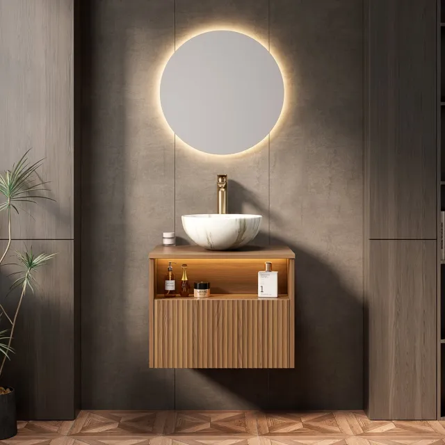 MIVRAY Badkamerkast - Zwevende Waschtisch Met Sensor Led Verlichting - Wandhangend Voor Badkamer - Multiplex En Keramiek - 60 Cm Bruin eiken