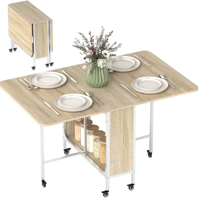 Atlasyx keukentafel - Eettafel - Inklapbare tafel - Klaptafel - Vouwtafel - 6-persoons - 130 x 80 x 74cm - 6 Wielen - Natural Wood