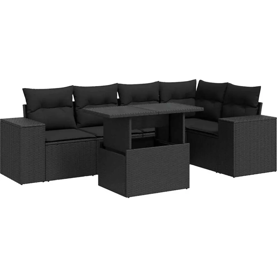 vidaXL 6-delige Loungeset met kussens poly rattan zwart, foto 3