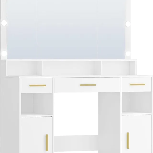 HILINSIE Kaptafel met Grote Spiegel, Make-Uptafel met Spiegel-Ledverlichting, 3 Lichtkleuren, Make-Uptafel, 3 Lades, 2 Opbergkasten, 5 Open Vakken, 40 × 108 × 140 cm, Wit