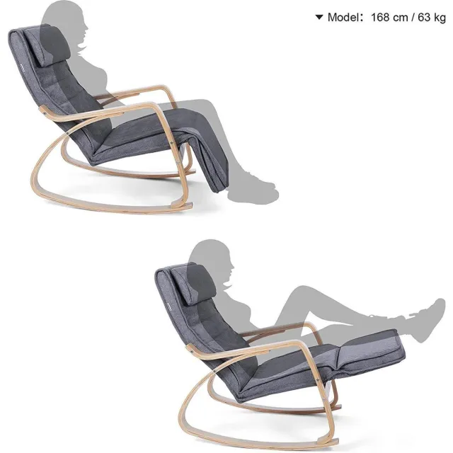 Songmics Zweedse Schommelstoel Met Voetensteun - Verstelbare Ligstoel Relaxstoel - Relax Fauteuil Stoel - Linnen Stof - Grijs
