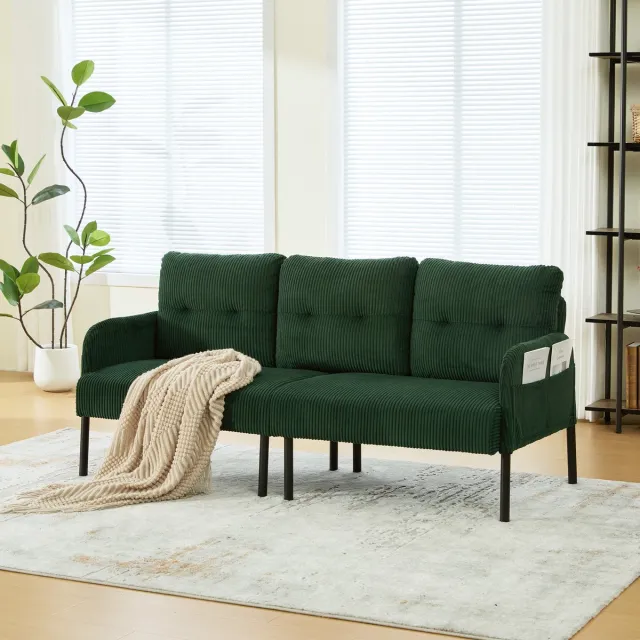 MEUNIQ 3-zitsbank 171 x 72 x 80 cm met cordstof, hoge rugleuning, armleuningen, zijtas en metalen poten voor woonkamer, slaapkamer of werkkamer, groen Emerald