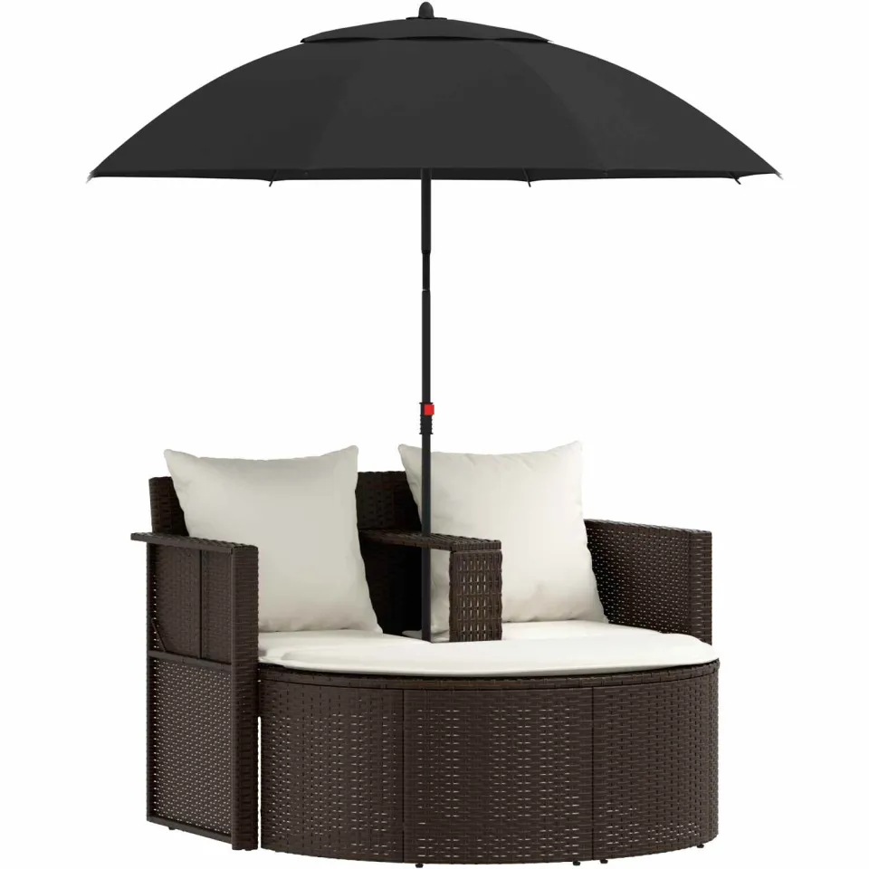 vidaXL Tuinbed met parasol poly rattan bruin