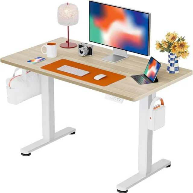 ErGear Staand Bureau, 100 x 60 cm, in hoogte verstelbaar, elektrisch zit-sta bureau met gesplitst blad, rugzakhaak en slim bedieningspaneel met 4 geheugenposities, voor thuiswerk beige/WIT
