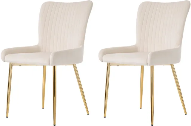 Merax Fluwelen eetkamerstoelen - set van 2 - woonkamer - slaapkamer - loungestoel met vier gouden metalen poten - lendensteun - beige en goud