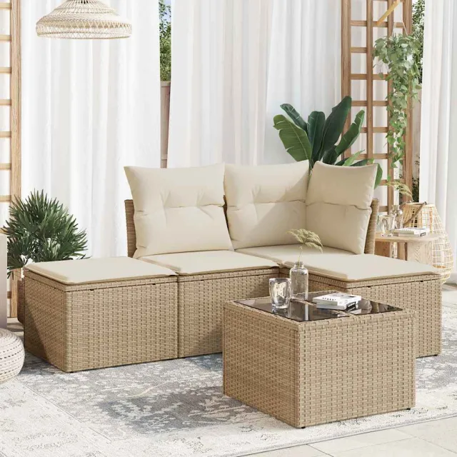 vidaXL 5-delige Loungeset met kussens poly rattan beige, foto 2