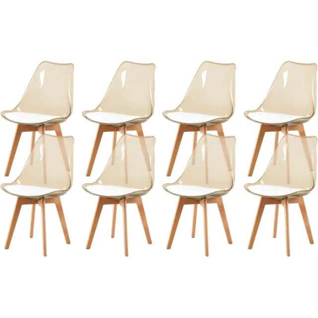 J.T.R Eetkamerstoelen-Eetkamerstoelen set van 8-transparante bruine rugleuning -vintage stijl- met massief beukenhouten poten-Transparant bruin - wit PU-leer.