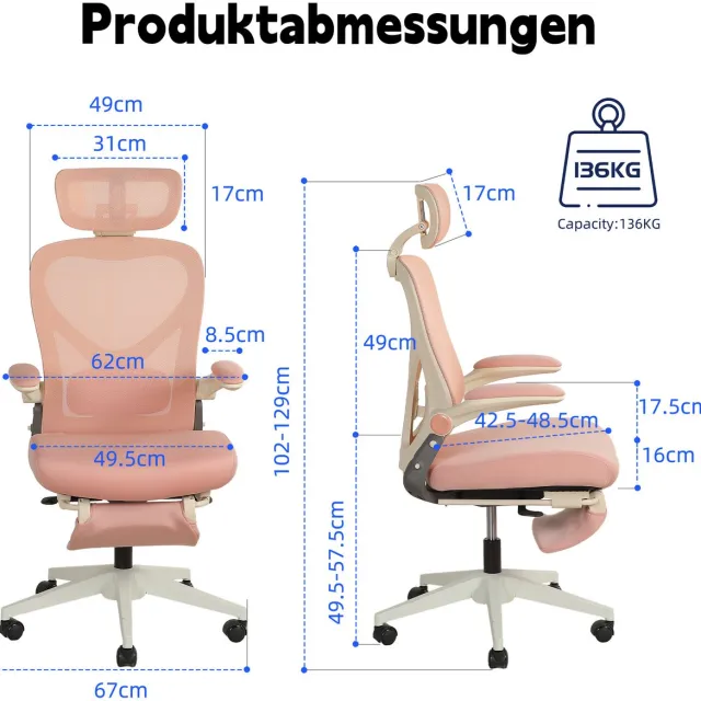 DESMIU Bureaustoel 129 x 67 cm - Ergonomisch Opvouwbaar met 3D Hoofdsteun Lendensteun en Voetsteun - Voor Werk Studie en Spel - Mesh Roze Pink