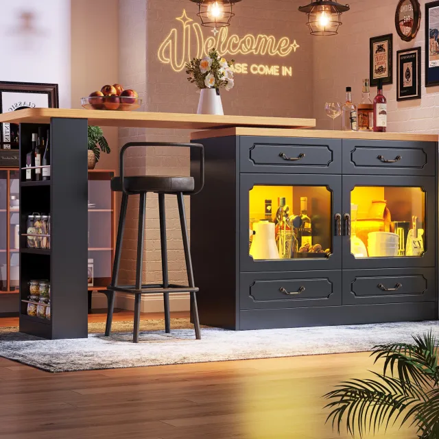 Maisentiel Uitschuifbare bartafel met LED en opbergruimte - 135-203 x 39 x 92,8 cm - zwart/naturel