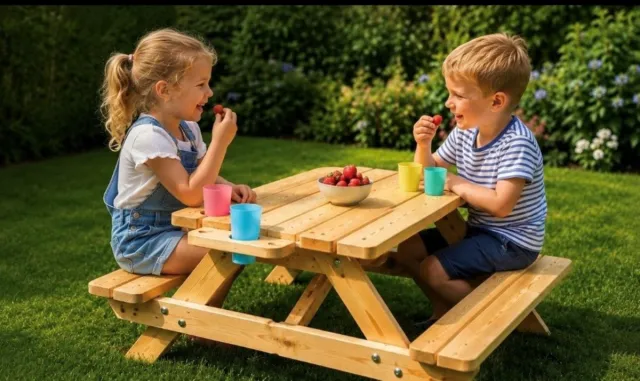 woodcreators hilversum kinderpicknicktafel - Slim ontwerp met bekerhouders + 4 bekers - picknicktafel - tafel - tuintafel - zomer - parasol - kinderen -100x100x50 hout kleur