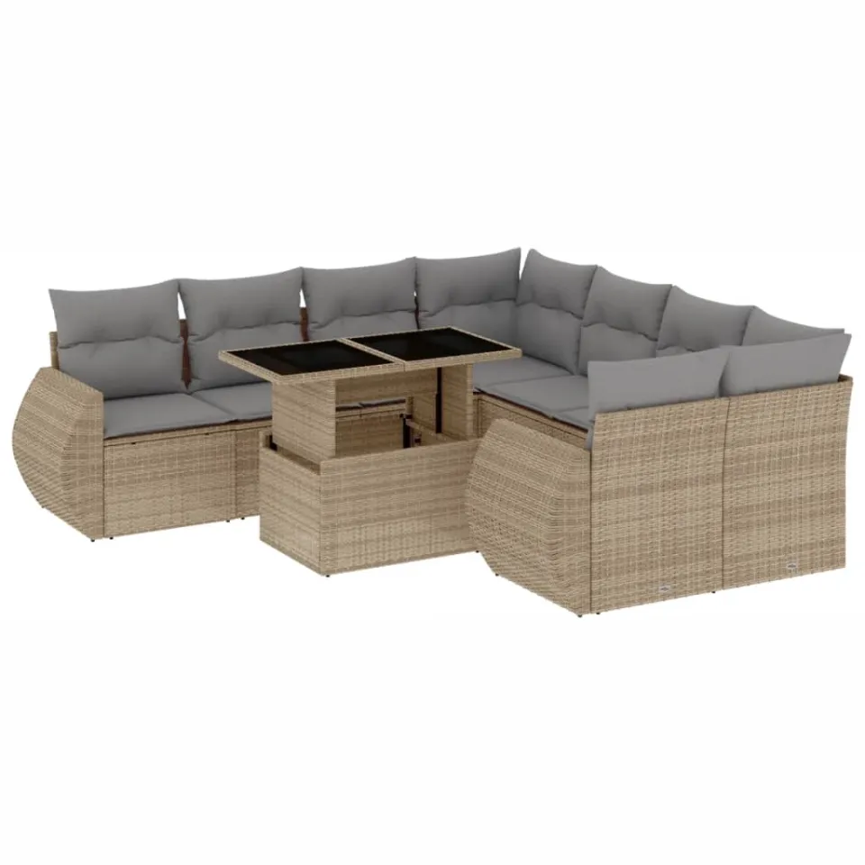 vidaXL 9-delige Loungeset met kussens poly rattan beige, foto 3