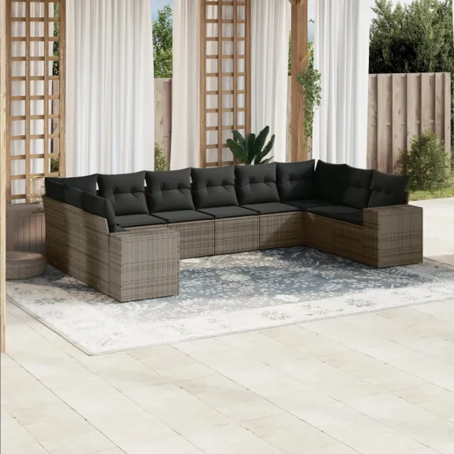 vidaXL 10-delige Loungeset met kussens poly rattan grijs, foto 2
