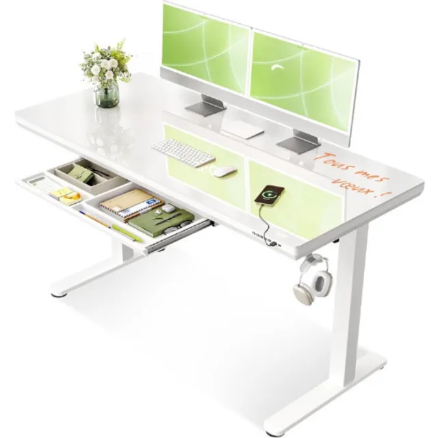 OffiGo Glazen Elektrisch Sta-Zit Bureau 140x60 Cm - In Hoogte Verstelbaar Met Lade En Stopcontact - Luxe Glazen Werkblad - Ergonomisch Standing Desk Voor Thuis En Kantoor - Wit