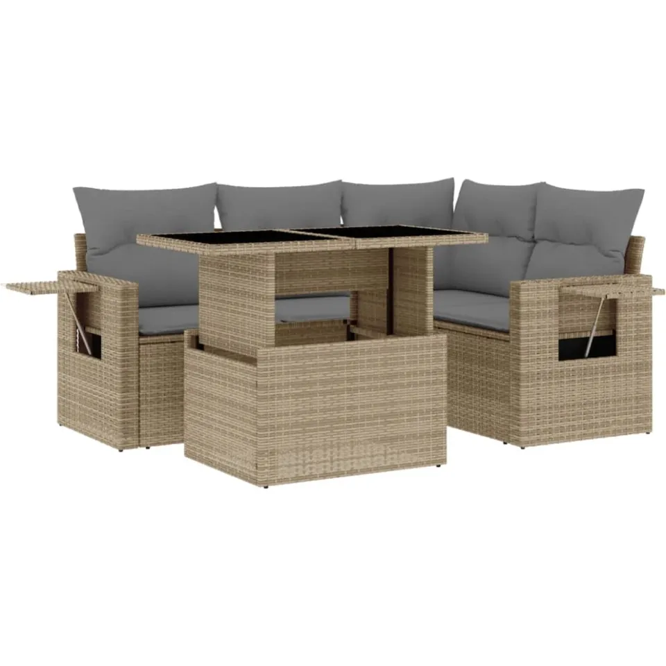 vidaXL 5-delige Loungeset met kussens poly rattan beige, foto 3