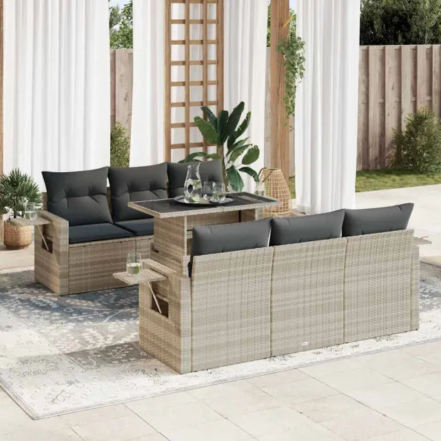 vidaXL 7-delige Loungeset met kussens poly rattan lichtgrijs grijs, foto 2