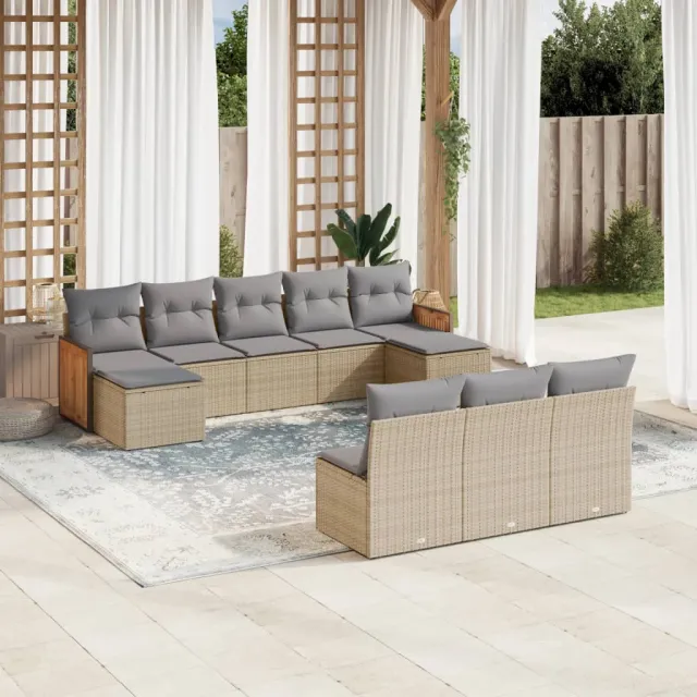 vidaXL 10-delige Loungeset met kussens poly rattan beige, foto 2