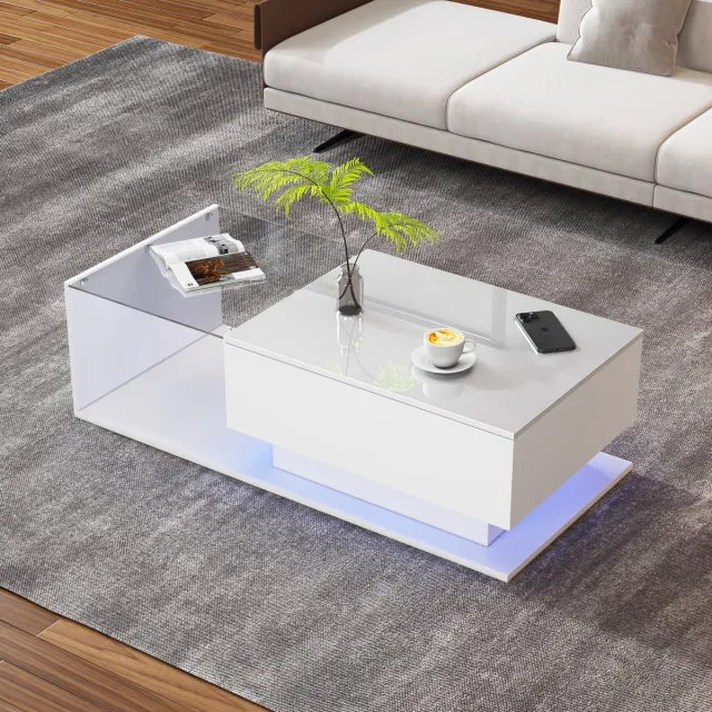 Pugsdrly Hoogglanzend witte salontafel 100x50x32 cm - met glazen blad en lades, krasvast, met 1 lade, met ledverlichting, moderne stijl