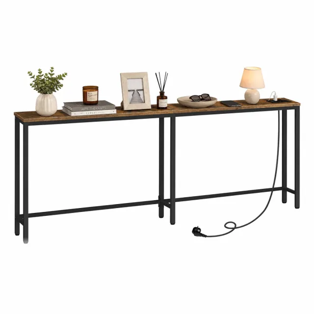 Signature Home Consoletafel met Stopcontact 180 cm - Smalle Sidetable met Oplaadstation - Console tafel - Haltafel Achter Bank - bijzettafel met USB Oplaadpunten - Vintage Bruin/Zwart bruin - zwart