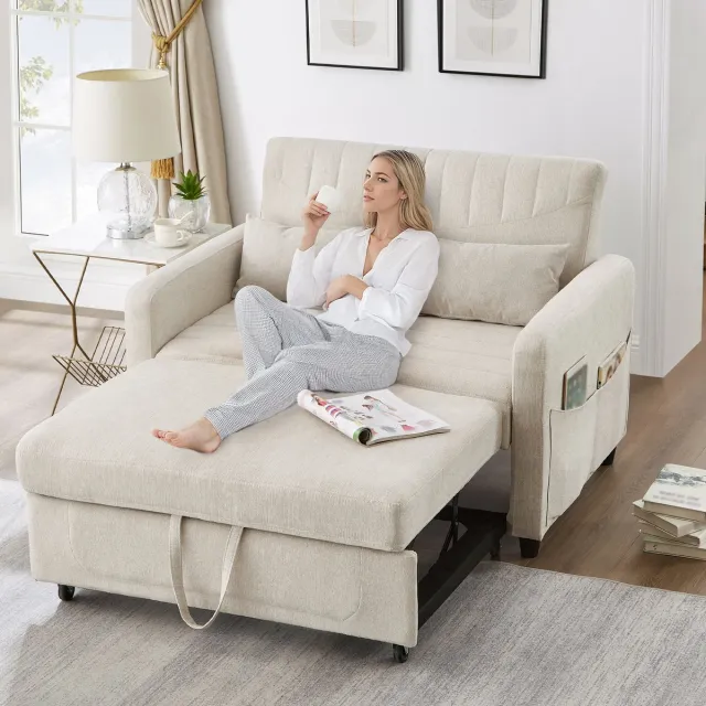 HAUSS SPOLE Slaapbank 2-Zits 166 X 95 Cm - Uittrekbaar Met 3 Standen Rugleuning - Voor Woonkamer En Slaapkamer - Katoen Linnen Beige