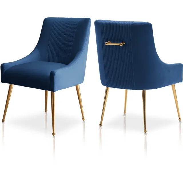 SEYNAR Set van 2 Eetkamerstoelen - Moderne Fauteuilstoelen met Fluweel & Gouden Poten - Plooien Design - voor Woonkamer en Kantoor - Navy