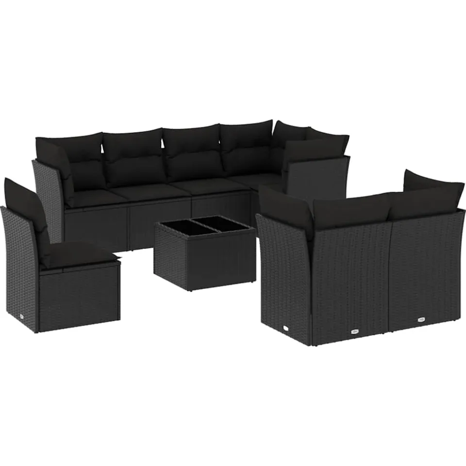 vidaXL 9-delige Loungeset met kussens poly rattan zwart